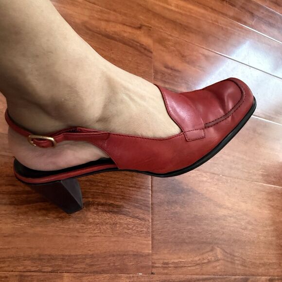 Vtg Etienne Aigner Leather Square Toe Red Loafer Sling Back Heels Sz 6.5 - Picture 12 of 15